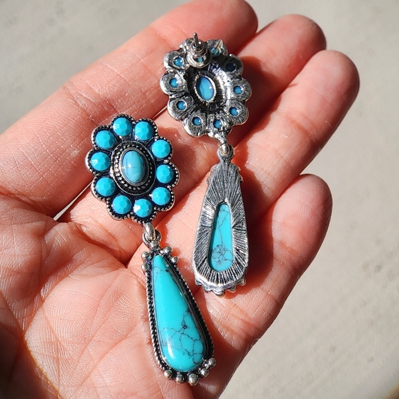 Western Style Earrings Howlite Turquoise Silver Bohemian Jewelry Retro Y2K Stud - Picture 4 of 4